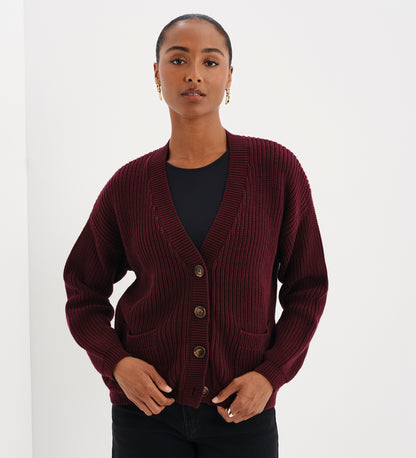Estella Burgundy Organic Cotton V Neck Button-Through Cardigan