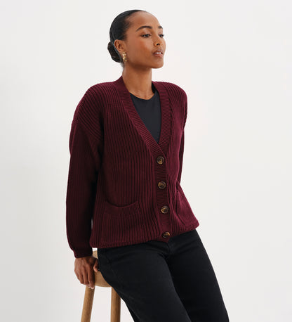 Estella Burgundy Organic Cotton V Neck Button-Through Cardigan