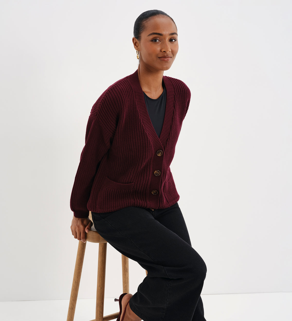 Estella Burgundy Organic Cotton V Neck Button-Through Cardigan
