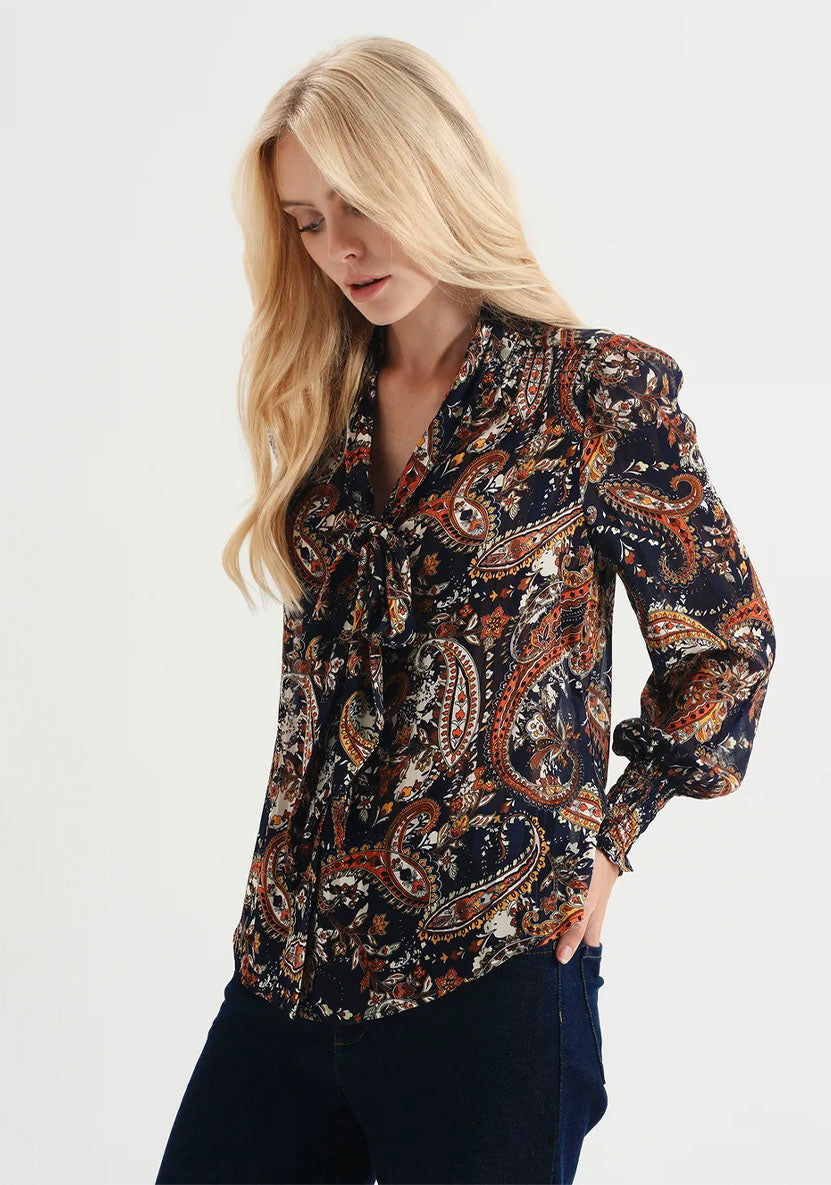 Mavis Navy Paisley Pussy Bow Button-Through Chiffon Blouse