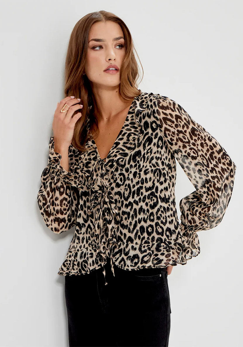 Janelle Natural Animal Chiffon Ruffle Tie-Front Blouse