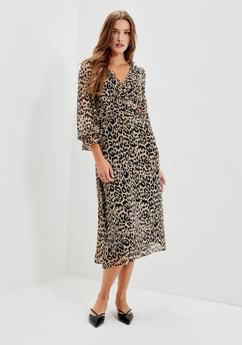 Veronica Natural Animal Ruffle Empire Waist Midi Dress