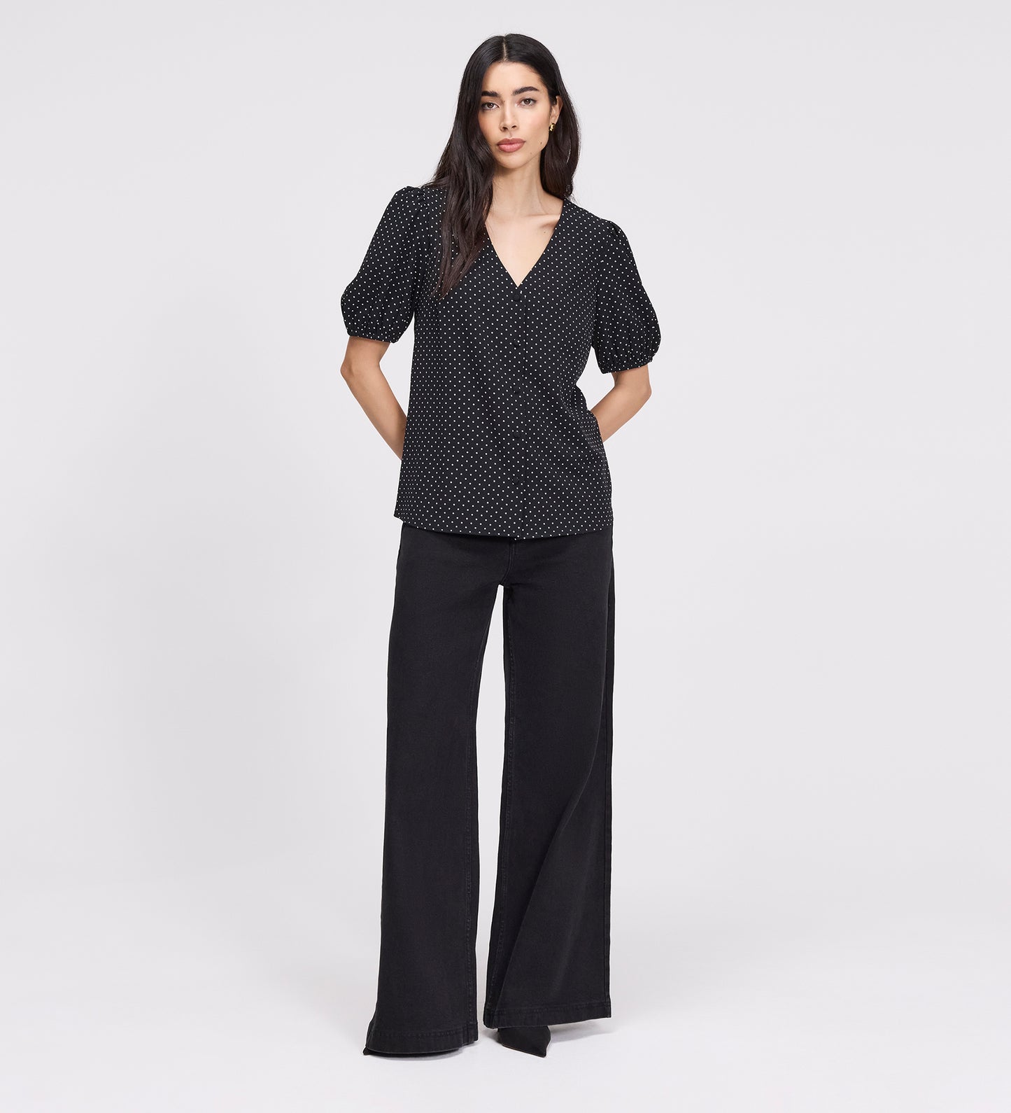 Fleur Black Polka Dot Puff Sleeve Button-Through Top