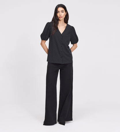 Fleur Black Polka Dot Puff Sleeve Button-Through Top