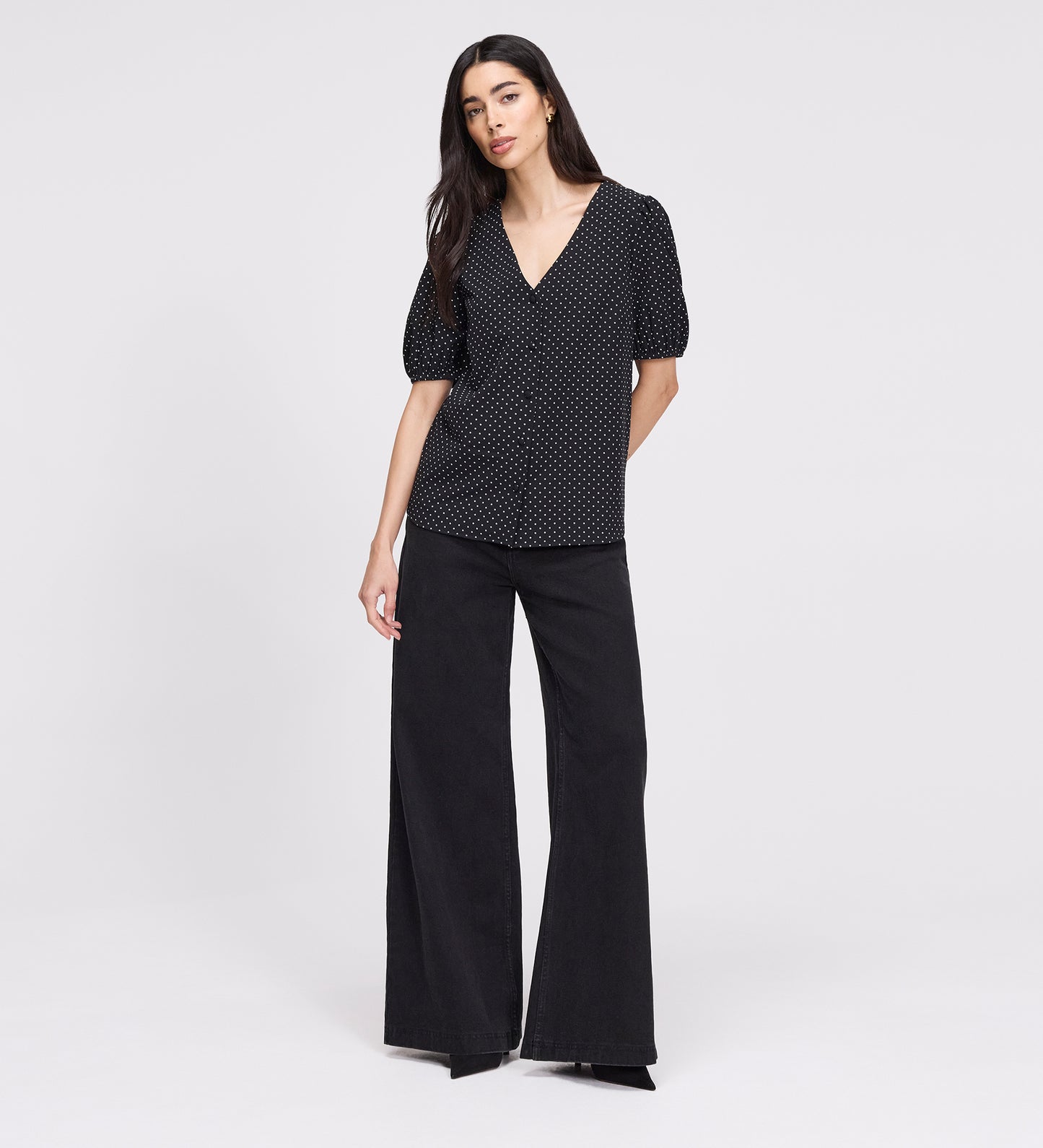 Fleur Black Polka Dot Puff Sleeve Button-Through Top