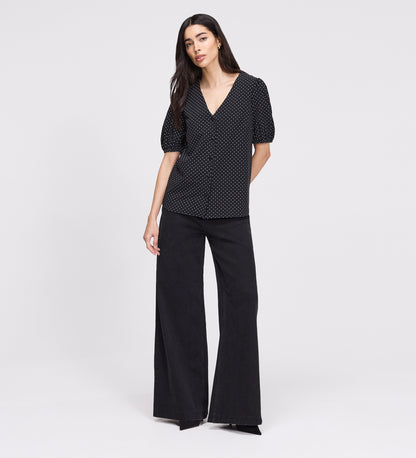Fleur Black Polka Dot Puff Sleeve Button-Through Top