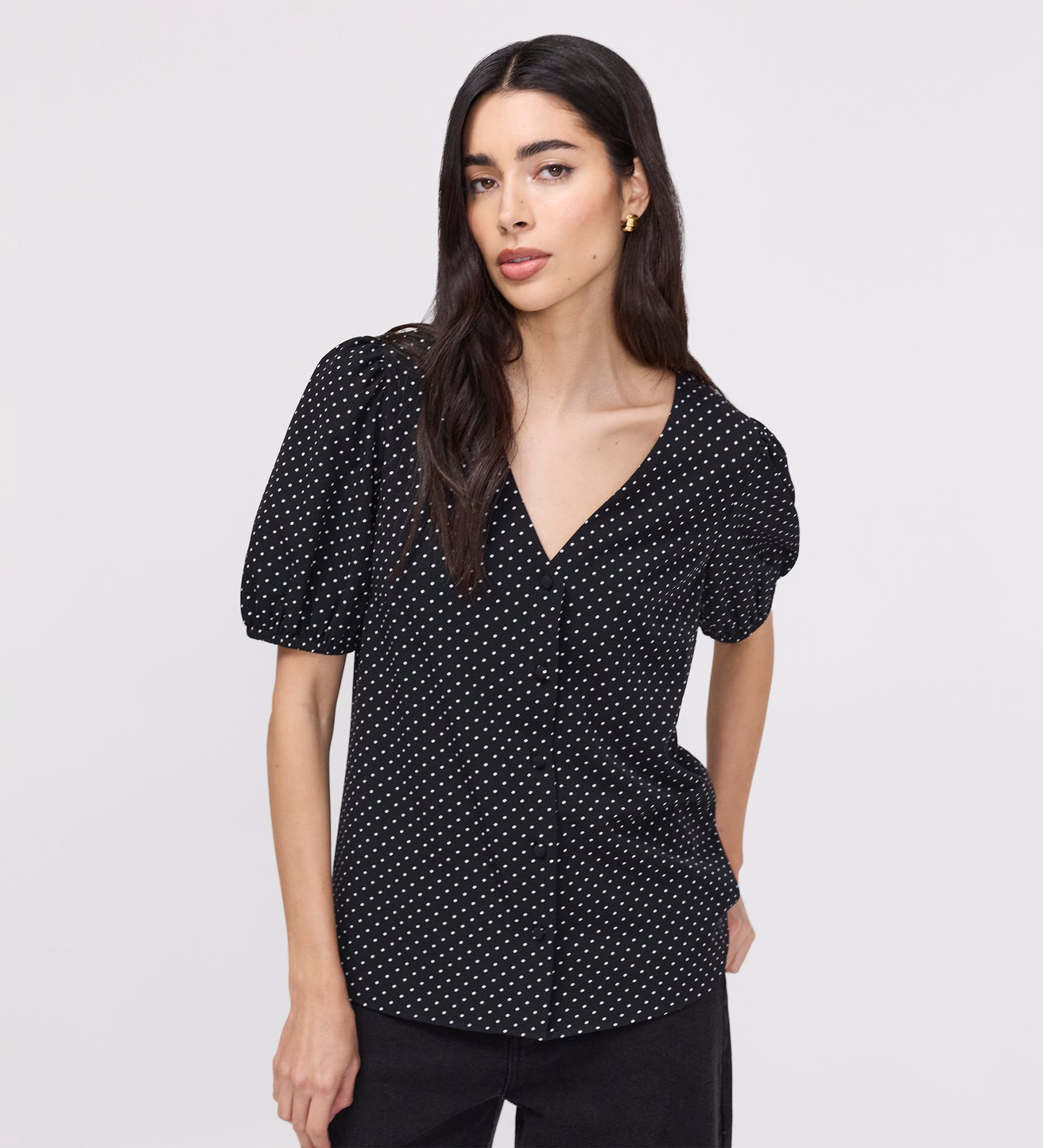 Fleur Black Polka Dot Puff Sleeve Button-Through Top