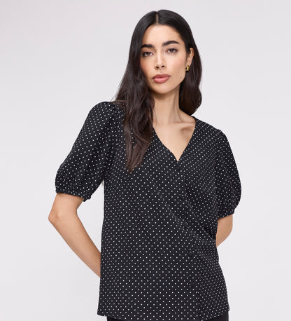 Fleur Black Polka Dot Puff Sleeve Button-Through Top