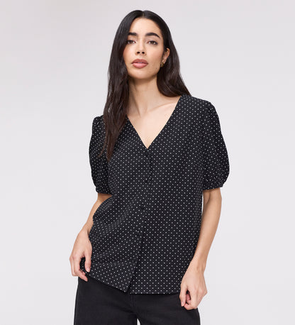 Fleur Black Polka Dot Puff Sleeve Button-Through Top