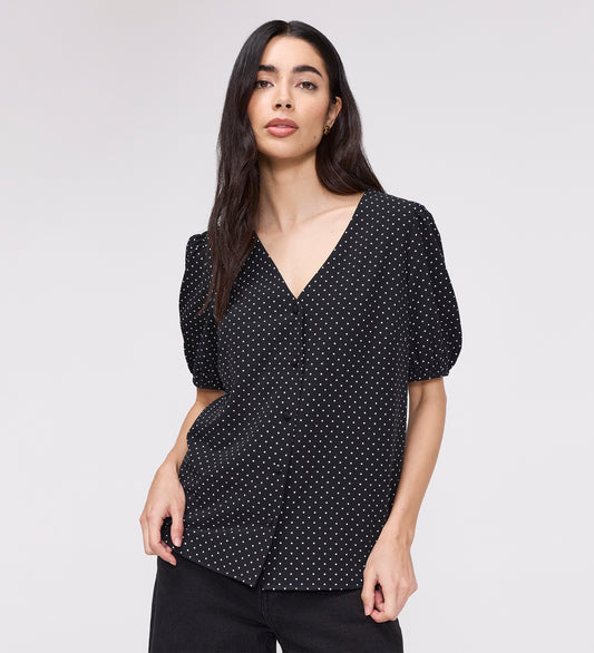 Fleur Black Polka Dot Puff Sleeve Button-Through Top