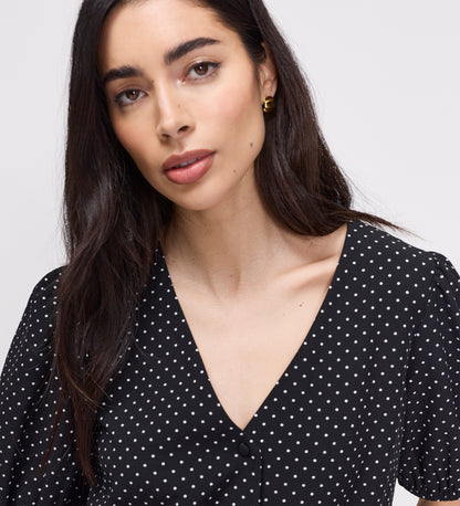 Fleur Black Polka Dot Puff Sleeve Button-Through Top