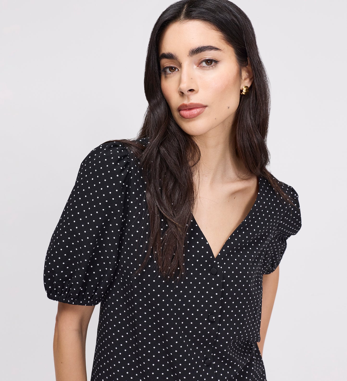 Fleur Black Polka Dot Puff Sleeve Button-Through Top