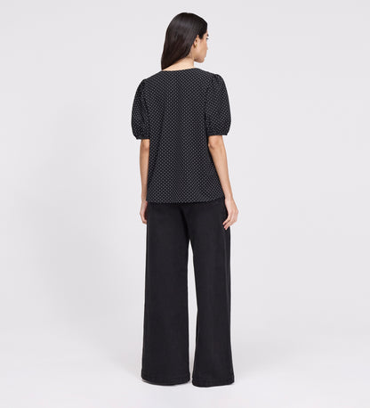 Fleur Black Polka Dot Puff Sleeve Button-Through Top