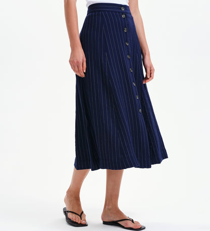 Frances Navy Stripe Button-Through Tailored Midi Skirt