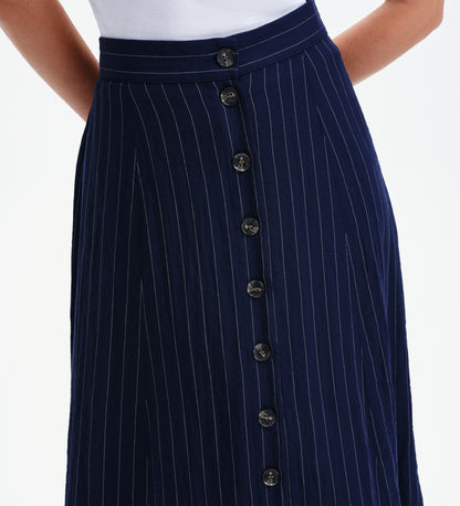 Frances Navy Stripe Button-Through Tailored Midi Skirt
