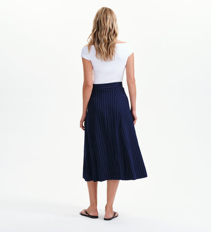 Frances Navy Stripe Button-Through Tailored Midi Skirt