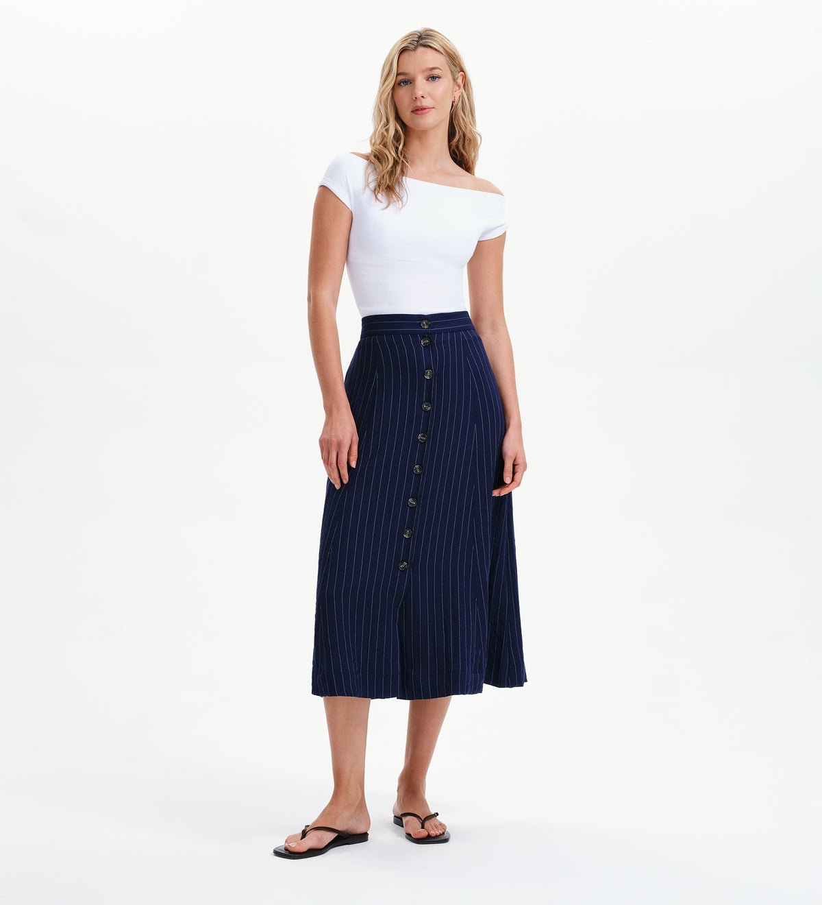 Frances Navy Stripe Button-Through Tailored Midi Skirt