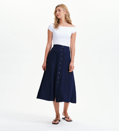 Frances Navy Stripe Button-Through Tailored Midi Skirt