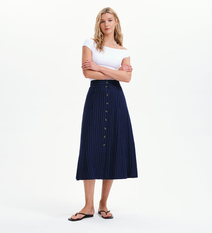 Frances Navy Stripe Button-Through Tailored Midi Skirt