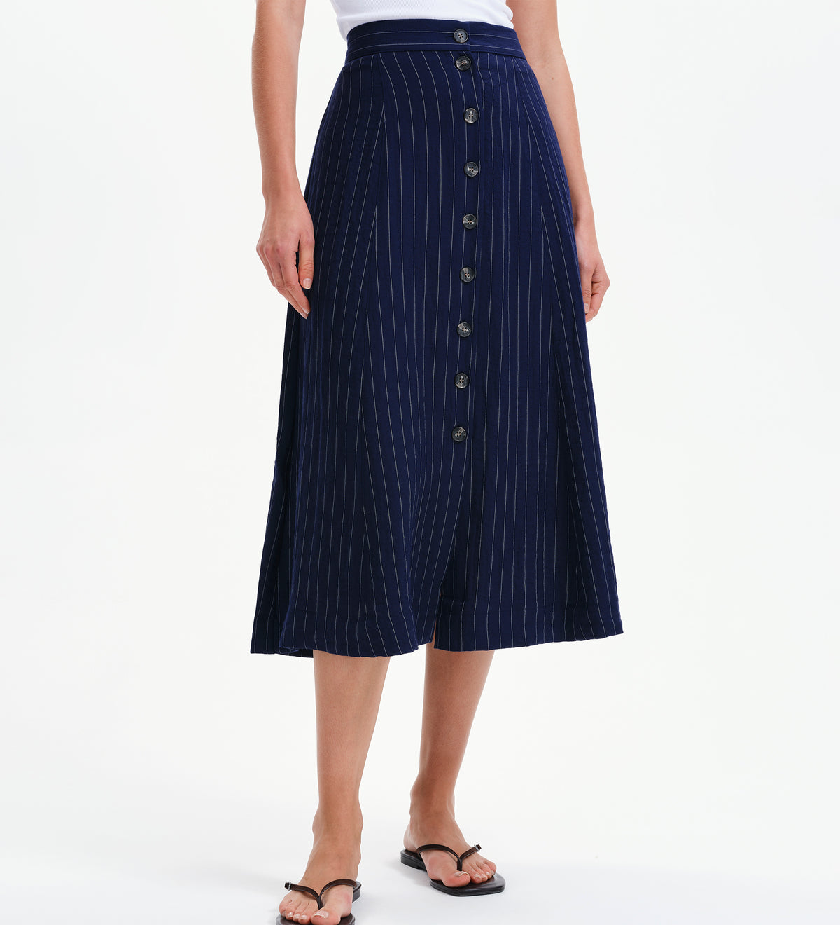 Frances Navy Stripe Button-Through Tailored Midi Skirt