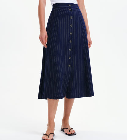 Frances Navy Stripe Button-Through Tailored Midi Skirt