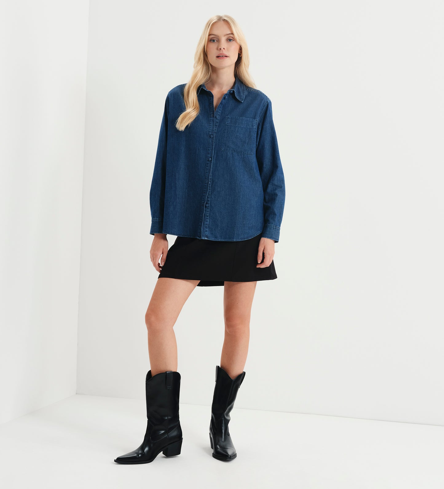 Francesca Mid Wash Relaxed Fit Dropped Shoulder Denim Shirt