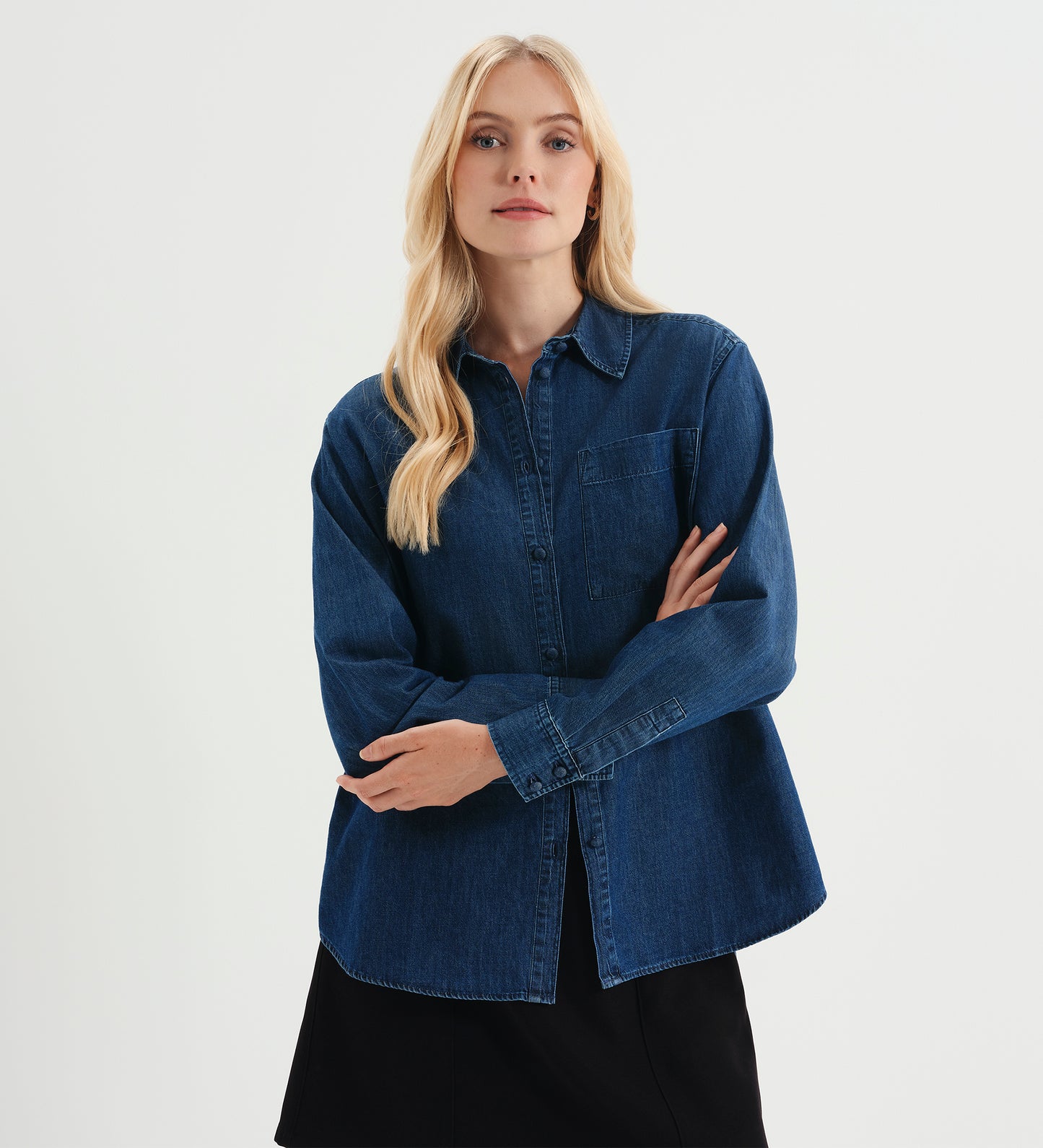 Francesca Mid Wash Relaxed Fit Dropped Shoulder Denim Shirt
