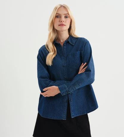 Francesca Mid Wash Relaxed Fit Dropped Shoulder Denim Shirt