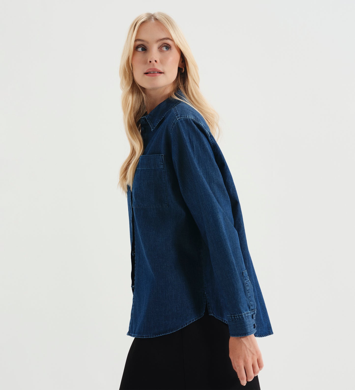 Francesca Mid Wash Relaxed Fit Dropped Shoulder Denim Shirt