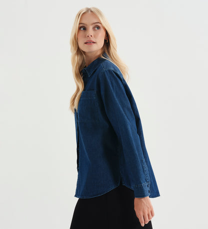 Francesca Mid Wash Relaxed Fit Dropped Shoulder Denim Shirt