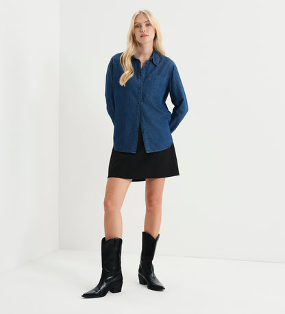 Francesca Mid Wash Relaxed Fit Dropped Shoulder Denim Shirt