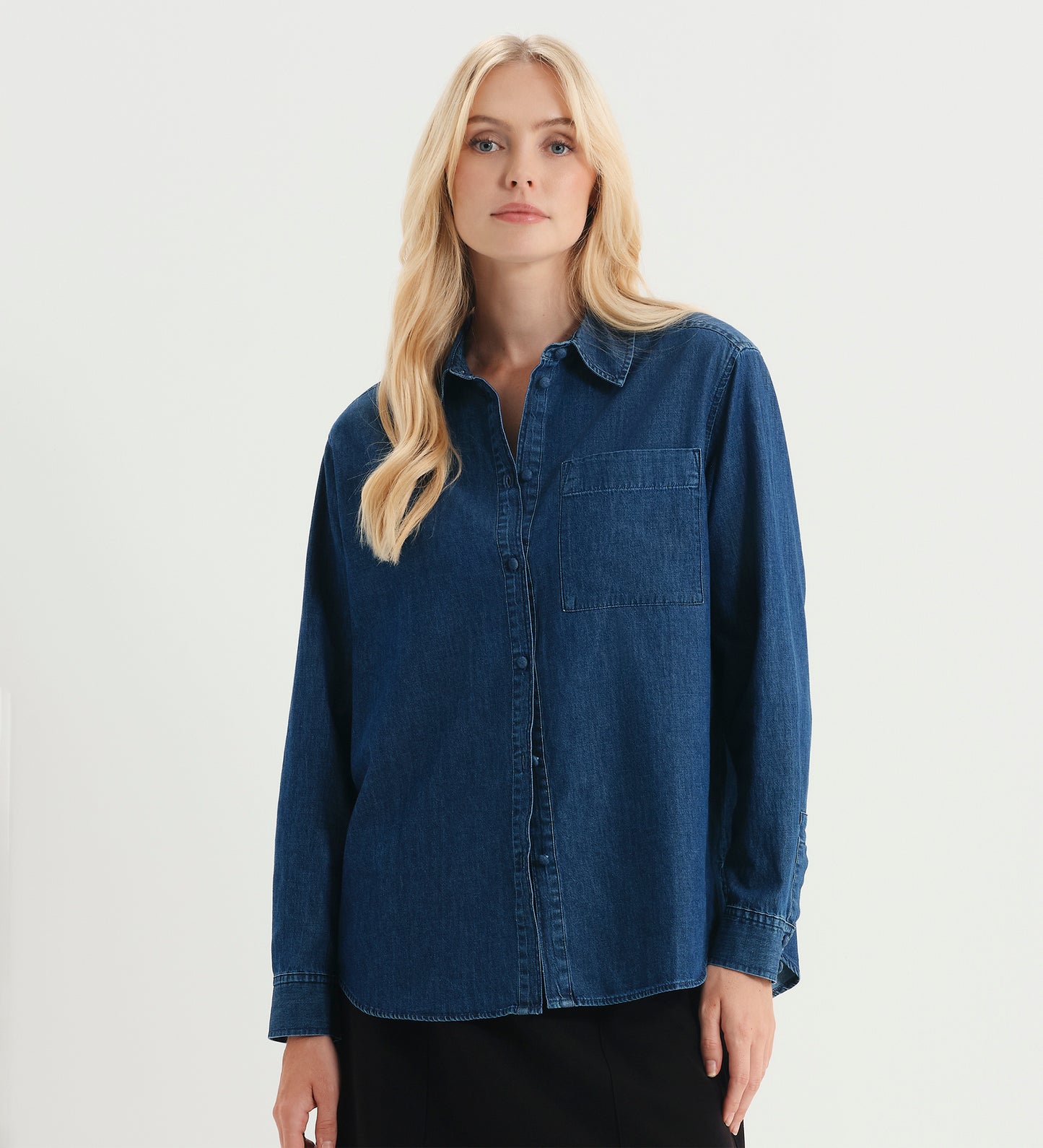 Francesca Mid Wash Relaxed Fit Dropped Shoulder Denim Shirt