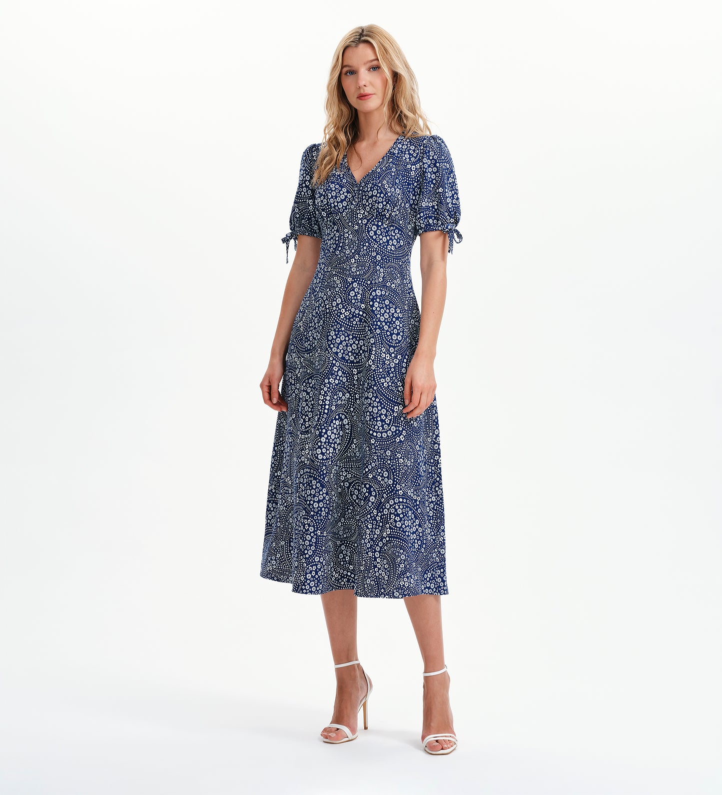 Gabriella Navy Flower Bow Detail Empire Waist Midi Dress