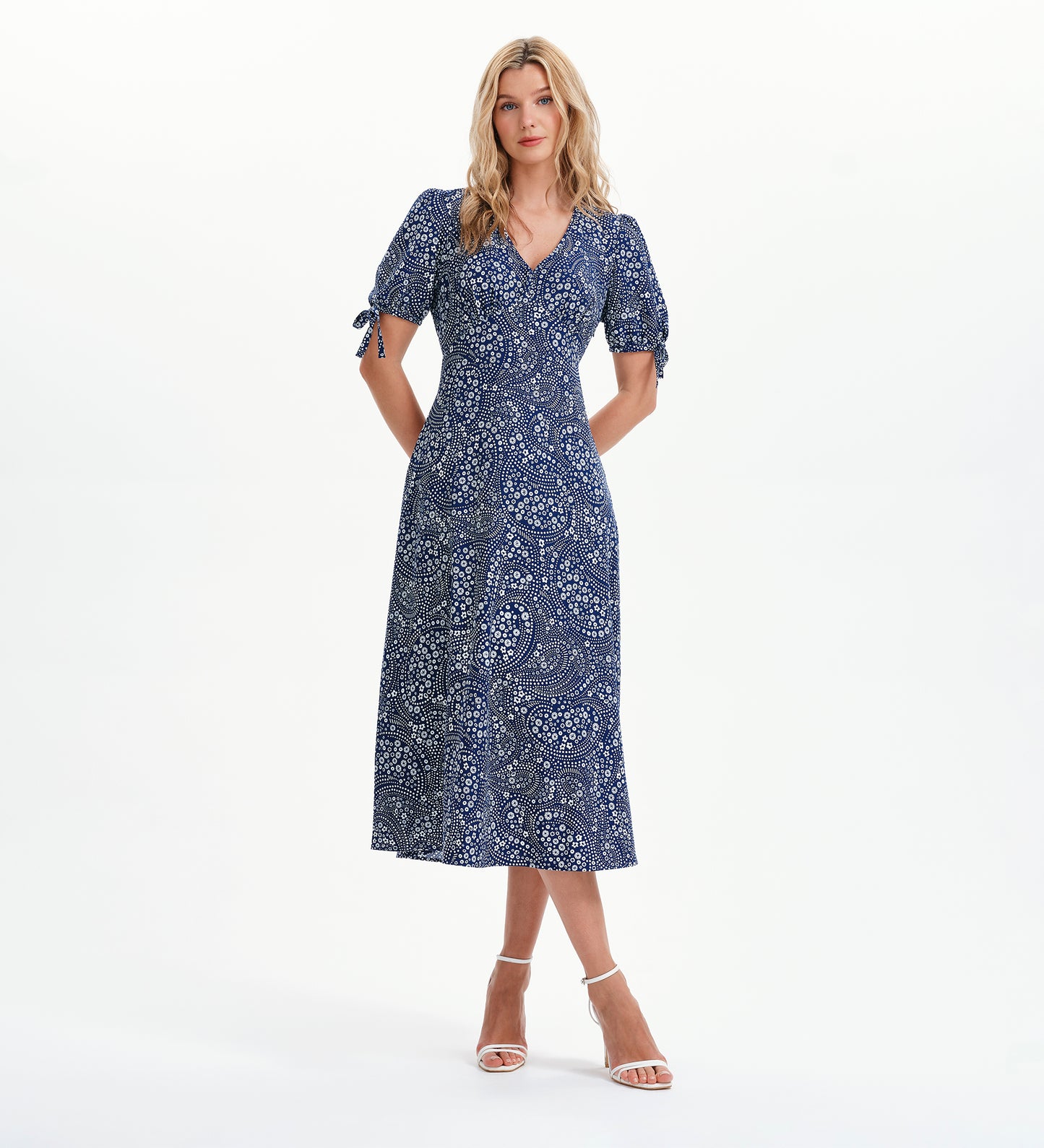 Gabriella Navy Flower Bow Detail Empire Waist Midi Dress