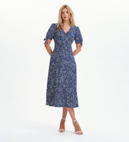 Gabriella Navy Flower Bow Detail Empire Waist Midi Dress