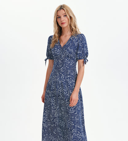 Gabriella Navy Flower Bow Detail Empire Waist Midi Dress