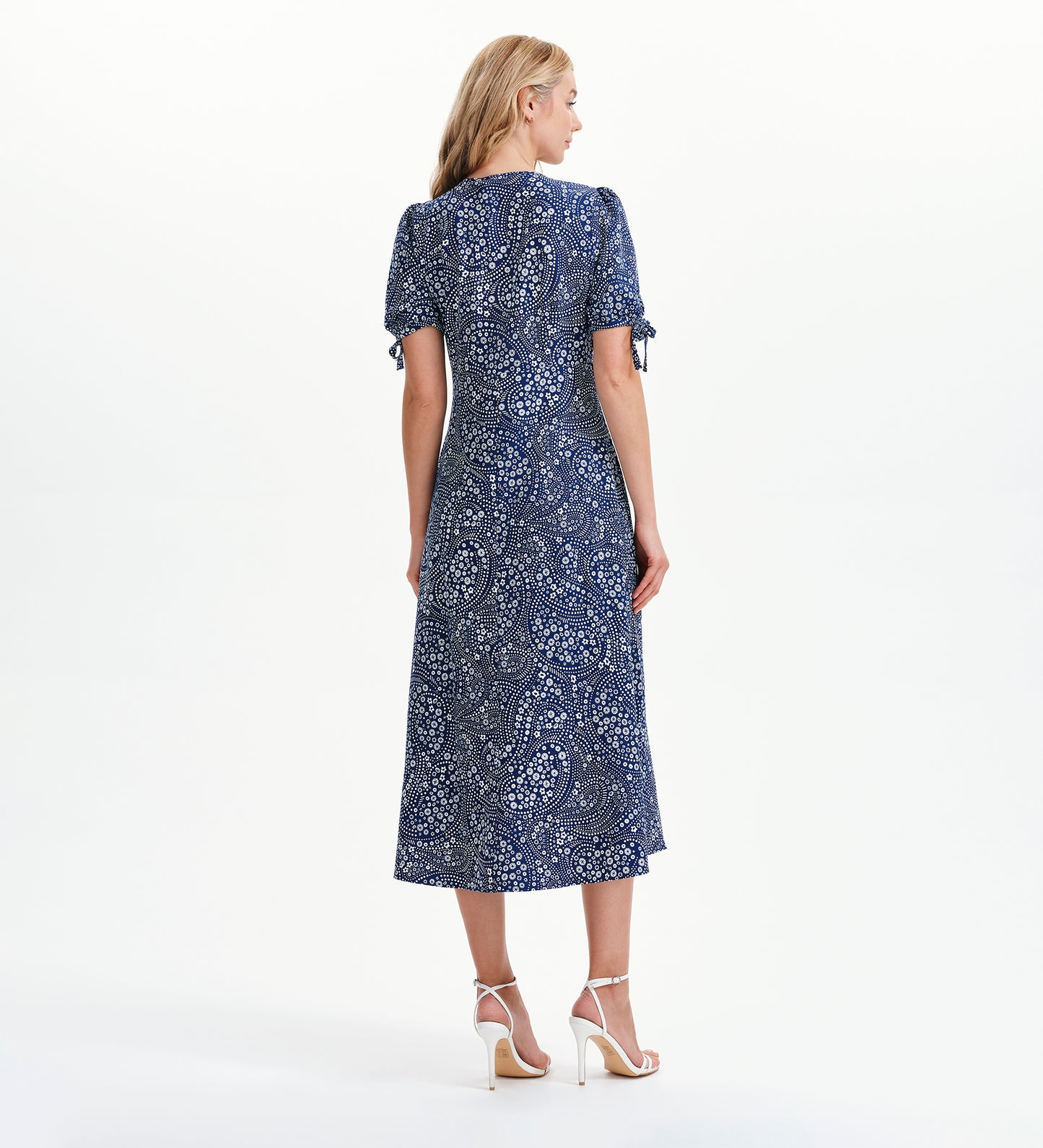 Gabriella Navy Flower Bow Detail Empire Waist Midi Dress