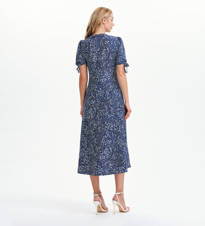 Gabriella Navy Flower Bow Detail Empire Waist Midi Dress