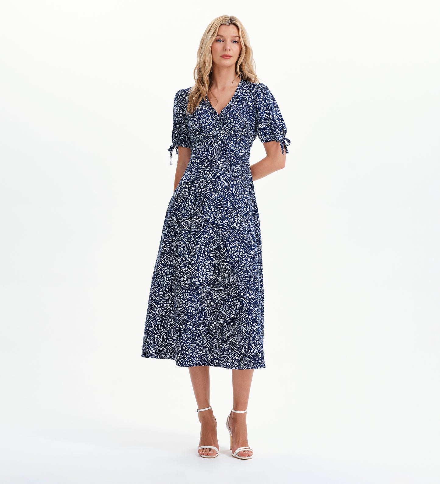 Gabriella Navy Flower Bow Detail Empire Waist Midi Dress