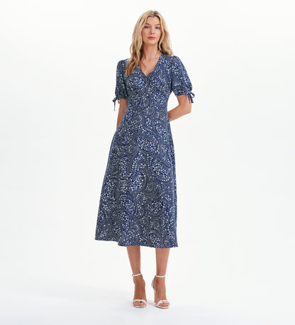Gabriella Navy Flower Bow Detail Empire Waist Midi Dress