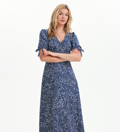 Gabriella Navy Flower Bow Detail Empire Waist Midi Dress