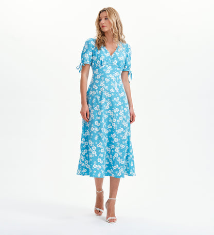 Gabriella Blue Floral Bow Detail Empire Waist Midi Dress