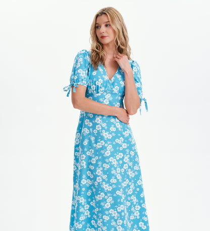 Gabriella Blue Floral Bow Detail Empire Waist Midi Dress