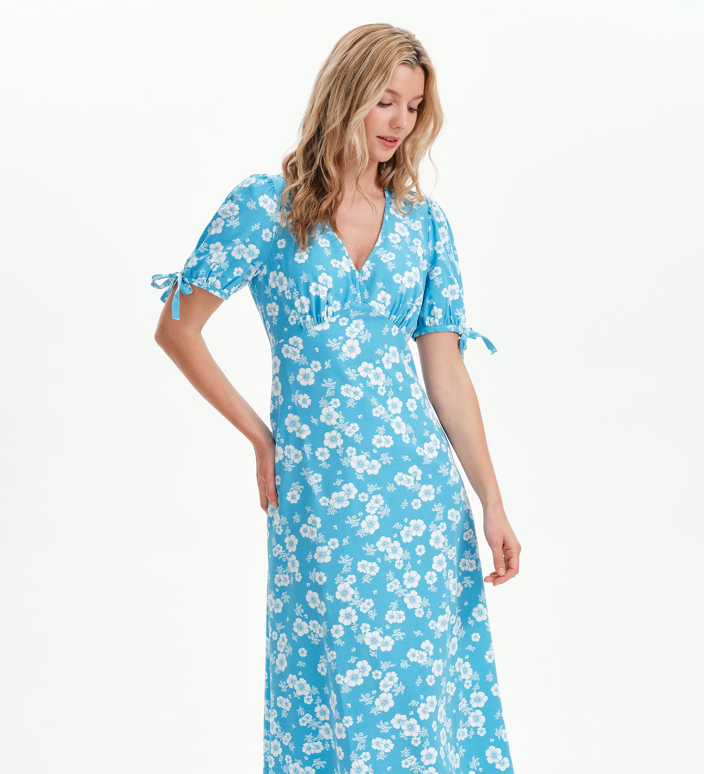 Gabriella Blue Floral Bow Detail Empire Waist Midi Dress