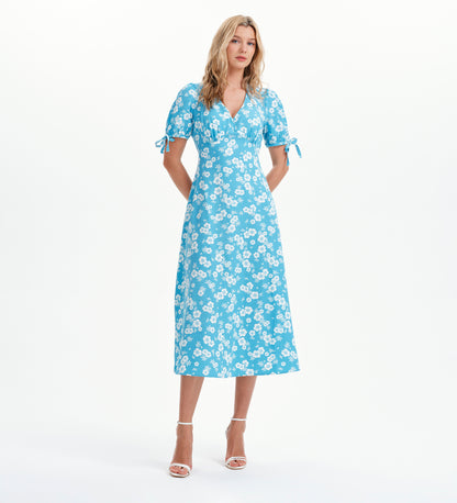 Gabriella Blue Floral Bow Detail Empire Waist Midi Dress