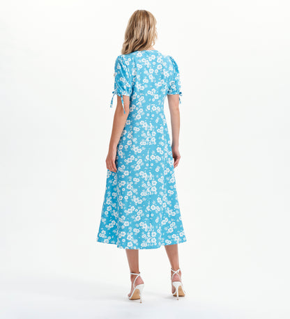 Gabriella Blue Floral Bow Detail Empire Waist Midi Dress
