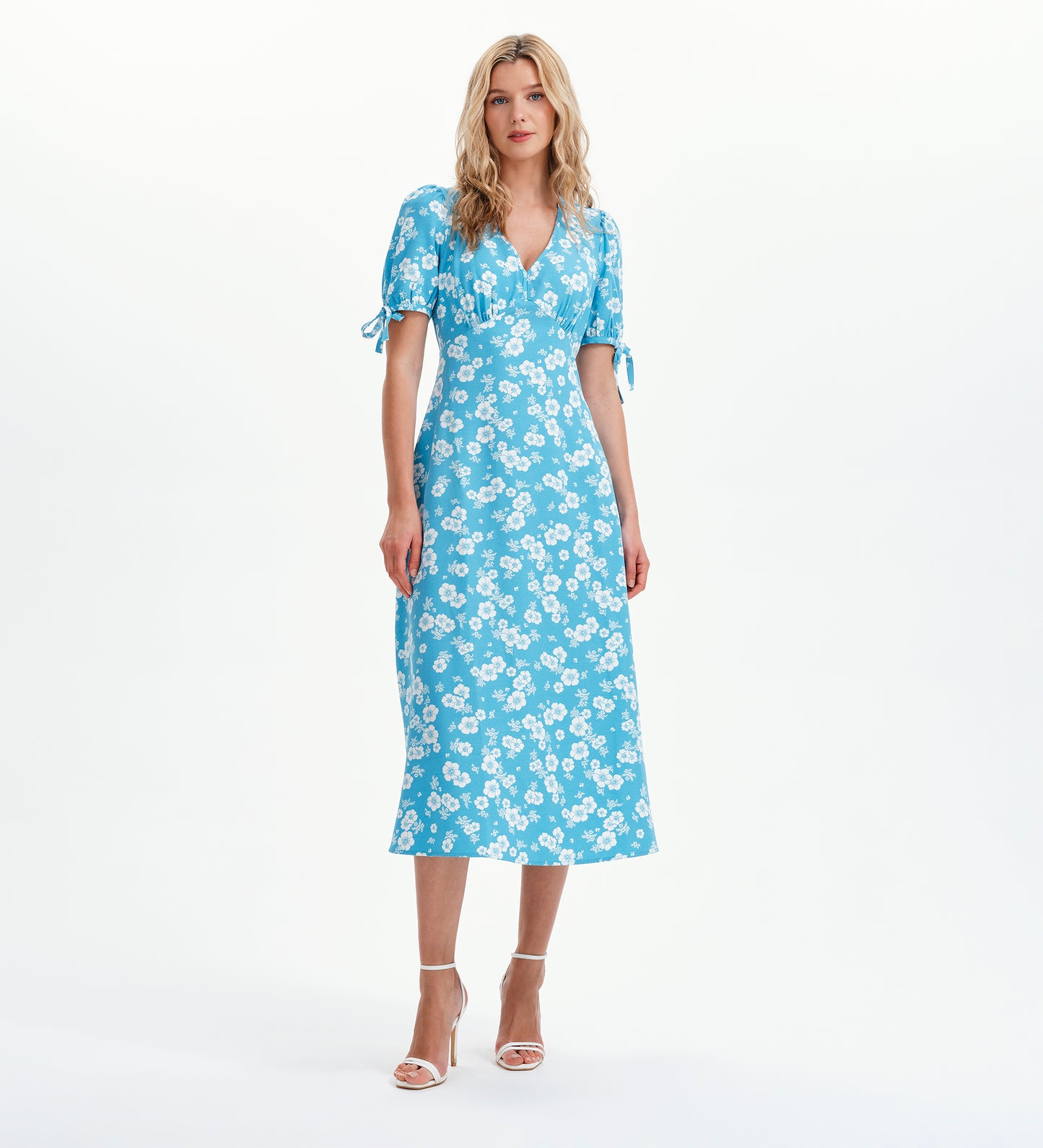 Gabriella Blue Floral Bow Detail Empire Waist Midi Dress