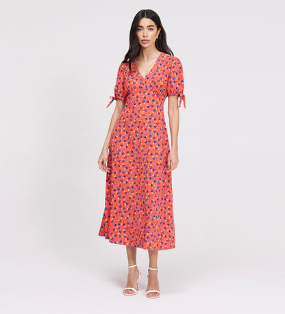 Gabriella Coral Floral Bow Detail Empire Waist Midi Dress