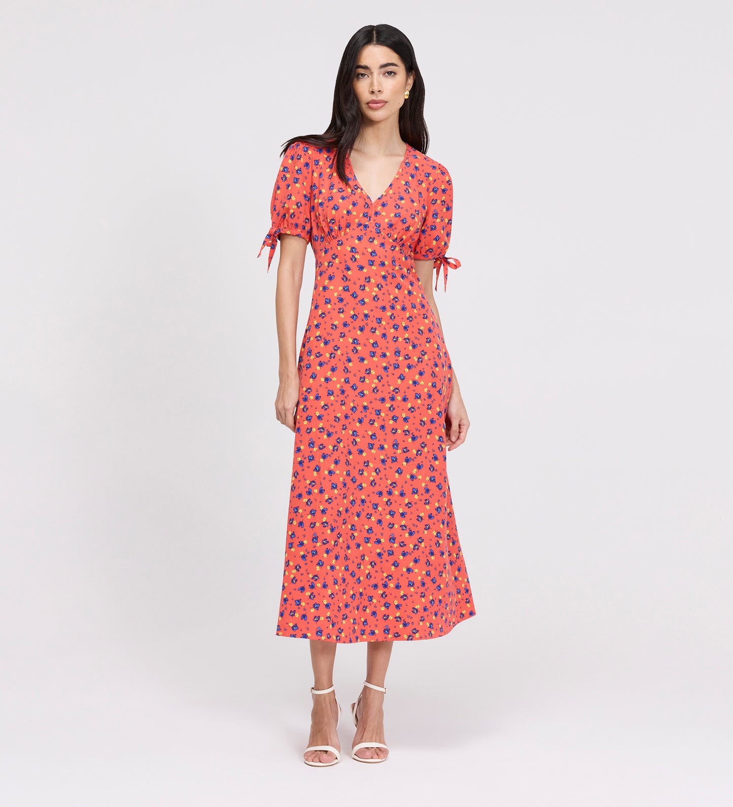 Gabriella Coral Floral Bow Detail Empire Waist Midi Dress
