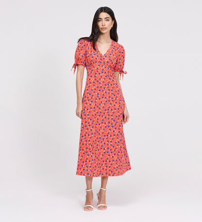 Gabriella Coral Floral Bow Detail Empire Waist Midi Dress